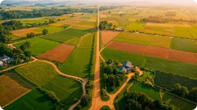 Vista aérea de grande área rural com divisão de terrenos e vias de acesso, ideal para loteamento planejado e desenvolvimento imobiliário