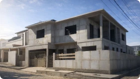 Casa em construção com estrutura moderna em concreto voltada para desenvolvimento imobiliário e valorização de terreno